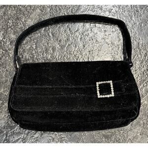 Vintage Black Velveteen Dress Clutch Purse Elegant Evening Bag Rhinestone Decor